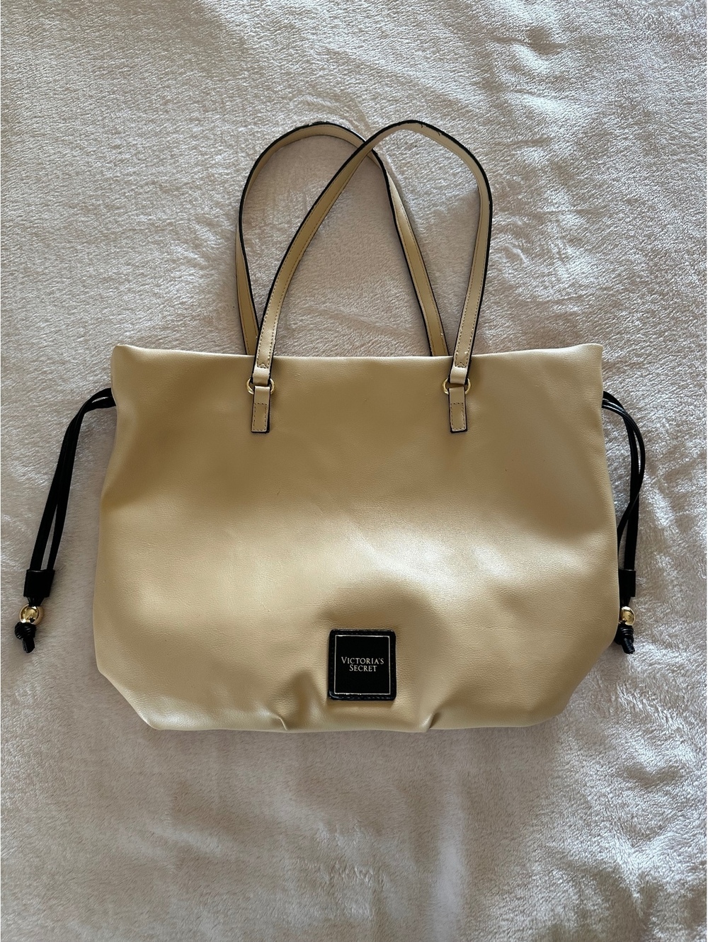 Victoria’s Secret Cinch-Top Bare Tote Bag – Beige / Gold Accents